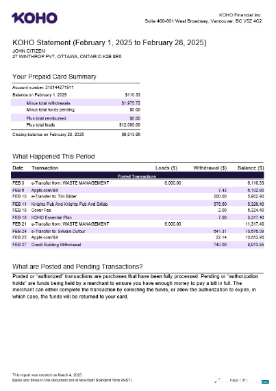 Download Canada KOHO Financial Incorporated bank statement word
